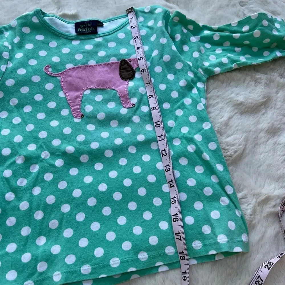 Mini Boden Long Sleeve Crew Neck T Shirt Polka Dot Dog Patch Pink Teal 9-10Y